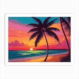 A Tranquil Beach At Sunset Horizontal Illustration 45 Art Print