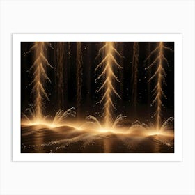 A Digital Rendering Of A Golden Water Fountain With Sprays And Droplets Against A Black Background, Creating A Sense Of Movement And Elegance Art Print