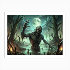 A Green Zombie Monster In A Swamp With A Full Moon In The Background Art Print