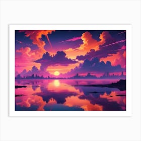 Vibrant Cityscape Sunset Over Water Art Print