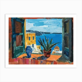 Santorini From The Window View Painting 4 Art Print