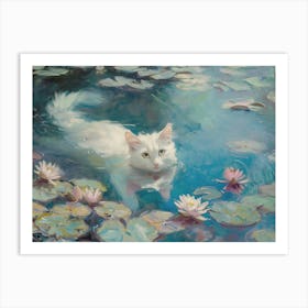 White Cat In A Pond Art Print