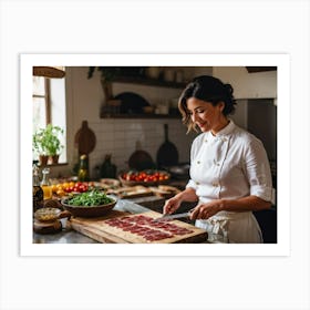 Candid Shot Of A Sophisticated Female Chef Just Slicing Up The Buttery Raw Bacon For A Tasting Ital (2) Art Print