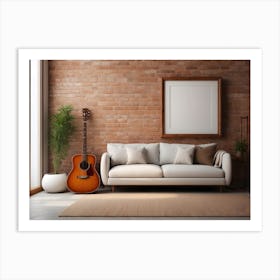 Acoustic Guitar and blank frame in living room 1 Art Print