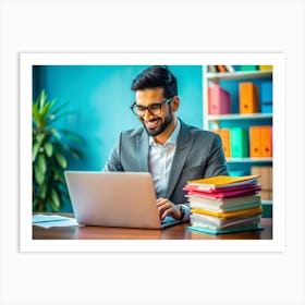 Smiling Businessman Working On A Laptop In His Office Art Print