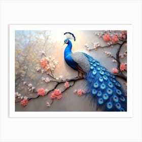 3d Artwork Background Blue Peacock On Branch 1 Art Print