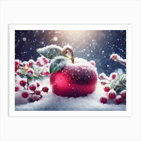 Red Apple in the white snow, winter theme Art Print