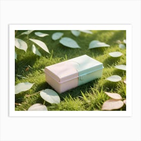 A Pink And Blue Box With A Clasp Lies On A Bed Of Green Grass With Leaves Art Print