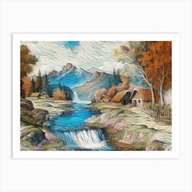 Waterfall In The Mountains  Art Print