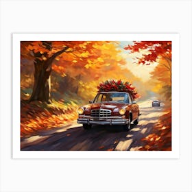 Autumnal Landscape Autumnal Leaves Cascading Down As A Car Adorned With Holiday Wreaths And Ribbon (4) Art Print