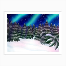 Snowy trees northern lights Art Print