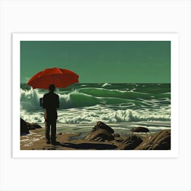 Man On Beach With Umbrella Art Print