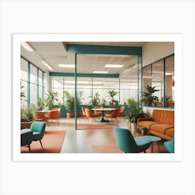 Modern Office Space With Bright Green And Orange Furniture, Large Windows, And Lush Green Plants Throughout Art Print