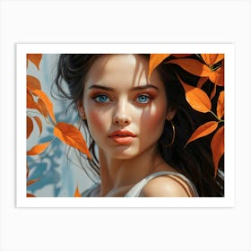 Artistic portrait beautiful woman blue eyes behind orange autumn leaves 1 Art Print