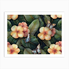 Tropical Flowers And Butterflies Painting Art Print