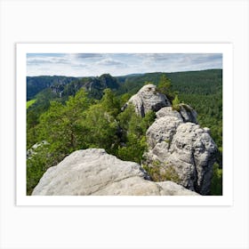 Sandstone rocks and green forest in Saxon Switzerland, Gamrig Art Print