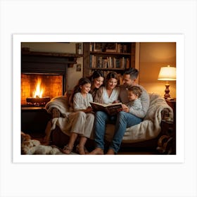 Cozy Room Interior In A Norman Rockwell Painting Style Family Of Four Engaged In A Shared Reading M 2 1 Art Print