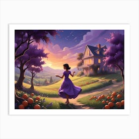 Purple Sunset Landscape With Woman In Dress And House Art Print