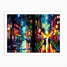 Prism City - Couple Walking Down The Street At Night Art Print