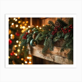 Extreme Close Up Of A Rustic Wooden Shelf Adorned With Holiday Wreaths Garland Intertwined With Spa Art Print