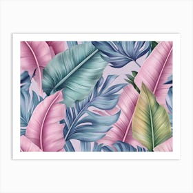 Tropical Exotic Luxury Seamless Pattern With Pastel Color Banana Leaves, Palm, Colocasia Art Print