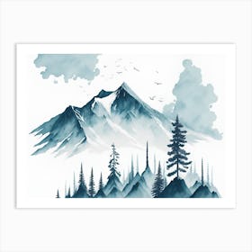 Mountain And Forest In Minimalist Watercolor Horizontal Composition 17 Art Print