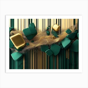 3d Abstraction Modern Dark Green And Golden Art Print