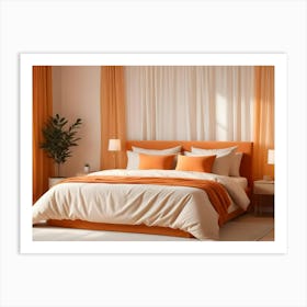 A Bedroom With An Orange Headboard, Orange Curtains, And A Large Window Art Print