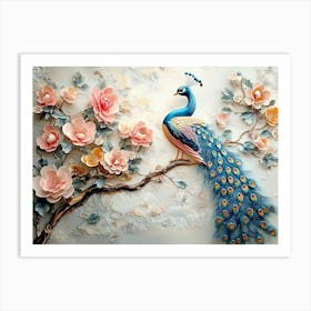 3d Majestic Peacock On Branch With Colorful Flowers Art Print