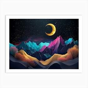 3d Modern Art With Night Landscape With Colorful Mountains Art Print