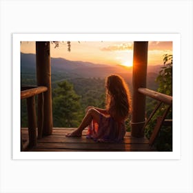 Sunset Girl Sitting On Deck Art Print