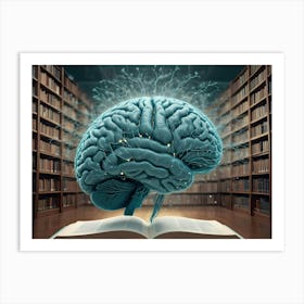 An Illustration Of A Human Brain Emerging From An Open Book, Surrounded By A Glowing Aura Of Light And A Library Of Books In The Background Art Print