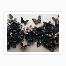 Black Roses With Butterflies Art Print