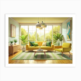 Modern Living Room With Yellow Furniture And Green Accents Art Print