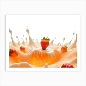 A Vibrant Image Of A Strawberry Submerged In A Creamy, Orange Splash, Creating A Dynamic And Delicious Scene 1 Art Print