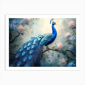 3d Artwork Background Blue Peacock On Branch 2 Art Print