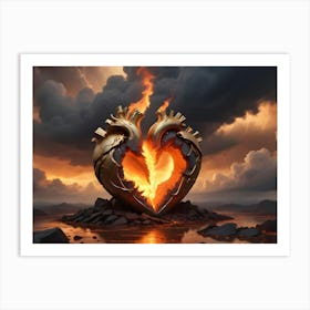 A Dramatic Scene Of Two Golden Hearts On Fire Against A Stormy Sky Art Print