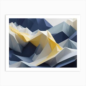 Abstract Image Of A Geometric Landscape With Blue And White Mountains And A Yellow, Winding Path Art Print