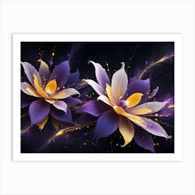 Two Stylized, Abstract Flowers In Shades Of Purple And White, With Glowing Yellow Centers Art Print