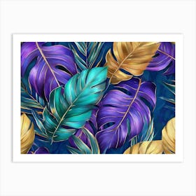 Tropical Colourful Leaves In Blue Green Gold Purple Hand Painted 3d Illustration Floral Seamless Pattern Art Print