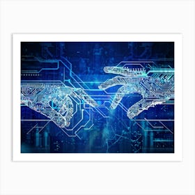 Abstract Cyber Concept Art Depicting A Human Hand And Artificial Intelligence Robotic Finger Almost (5) Art Print