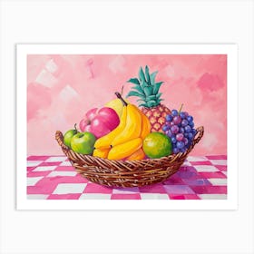 Tropical Fruit Bowl Pink Checkerboard Art Print