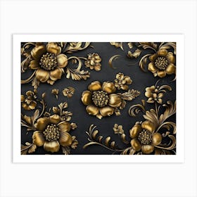 Golden Floral Background, Luxury Floral Damask With Flowers Golden And Black Elegant Leather Art Print