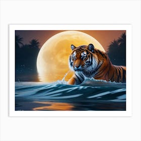 Colorful Minimal Art of Bengal Tiger Cross a River at Full Moon Art Print