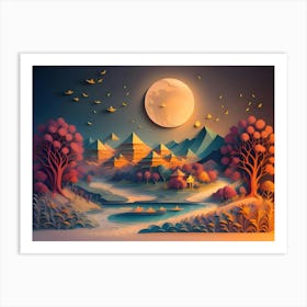 A landscape made of cut paper. Moon shining on mountains, trees and a pond. Birds in the sky. Art Print