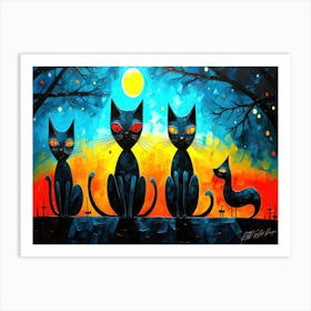 Cats At 3 AM - Black Cats In The Moonlight Art Print