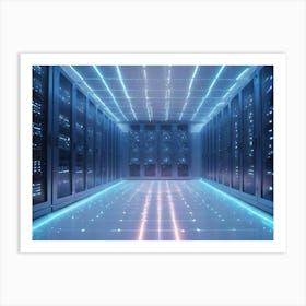 A Server Room With Rows Of Servers Illuminated By Blue And Pink Neon Lights Art Print