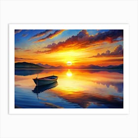 Small Boat On A Tranquil Lake At Sunset Art Print