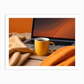 A Cozy, Autumnal Scene Featuring A Laptop, A Yellow Mug, And A Blanket Art Print