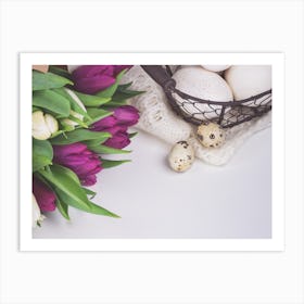 Easter Basket With Eggs And Tulips Art Print